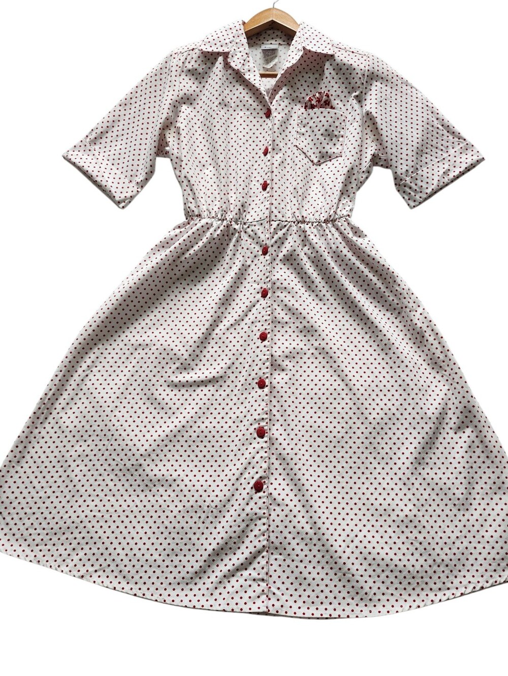 Vintage White Polka Dot Button-Front Dress with Red Accents
